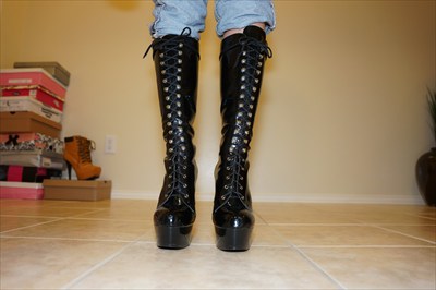 Knee High Black High heel stiletto platform lace up boots sexy stripper