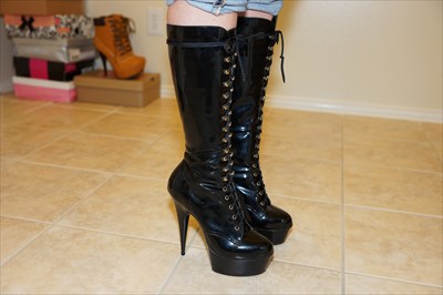Knee High Black High heel stiletto platform lace up boots sexy stripper