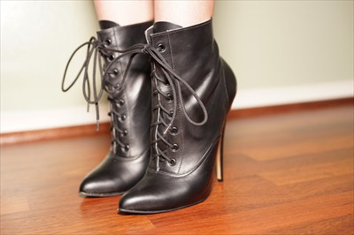 Fetish Black High Heel Stiletto Granny Boots Lace Up