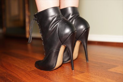 Fetish Black High Heel Stiletto Granny Boots Lace Up