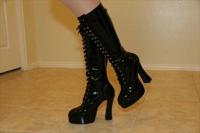 Sexy Ellie Black Patent Knee High lace up platform stripper boots